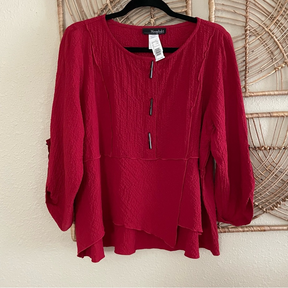 Moonlight Y&S Fashion Red Asian Top Blouse Art to Wear Lagenlook Women's Sz L